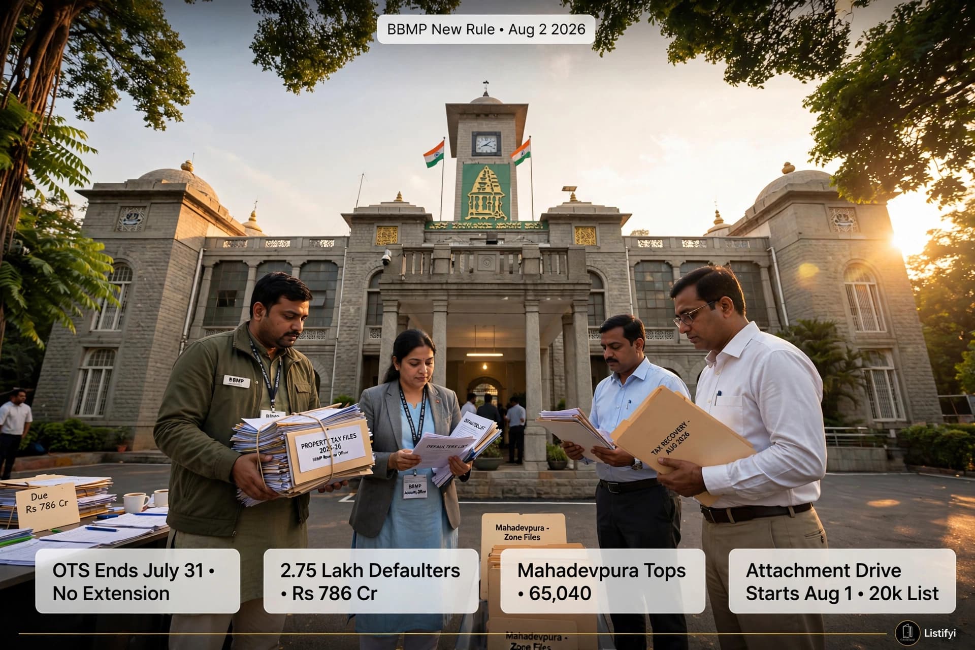 BBMP New Rule Aug 2, 2026: OTS Ends July 31 No Extension — 2.75 Lakh Defaulters Rs 786 Cr, Mahadevpura Tops 65,040, 20k List Attachment Drive Starts — Verified